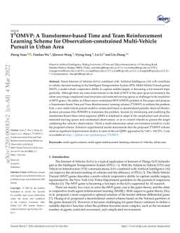 $ \text{T}^3 $OMVP: A Transformer-based Time and Team Reinforcement
  Learning Scheme for Observation-constrained Multi-Vehicle Pursuit in Urban
  Area