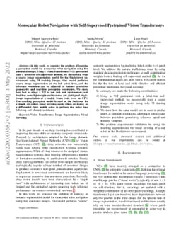 Monocular Robot Navigation with Self-Supervised Pretrained Vision
  Transformers
