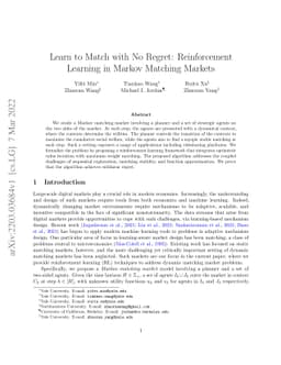 Learn to Match with No Regret: Reinforcement Learning in Markov Matching
  Markets