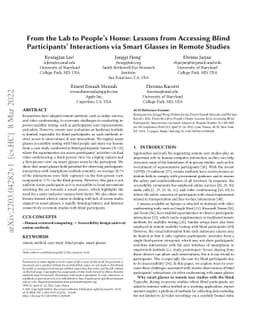 From the Lab to People's Home: Lessons from Accessing Blind
  Participants' Interactions via Smart Glasses in Remote Studies
