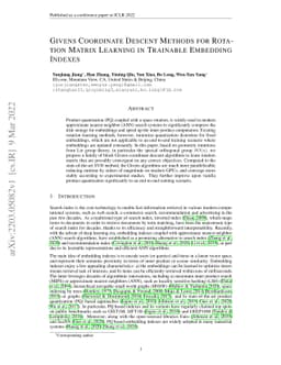 Givens Coordinate Descent Methods for Rotation Matrix Learning in
  Trainable Embedding Indexes