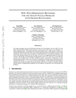 TEN: Twin Embedding Networks for the Jigsaw Puzzle Problem with Eroded
  Boundaries