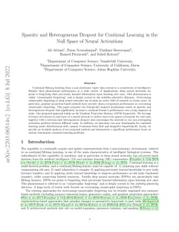 Sparsity and Heterogeneous Dropout for Continual Learning in the Null
  Space of Neural Activations
