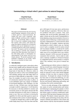 Summarizing a virtual robot's past actions in natural language