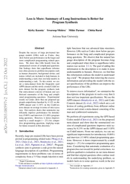 Less is More: Summary of Long Instructions is Better for Program
  Synthesis