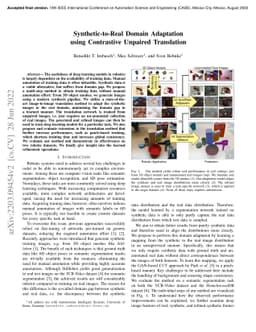 Synthetic-to-Real Domain Adaptation using Contrastive Unpaired
  Translation