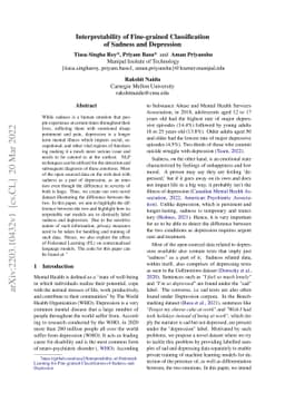Interpretability of Fine-grained Classification of Sadness and
  Depression
