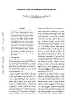 Immersive Text Game and Personality Classification
