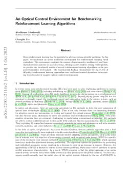An Optical Control Environment for Benchmarking Reinforcement Learning
  Algorithms