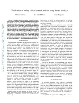 Verification of safety critical control policies using kernel methods