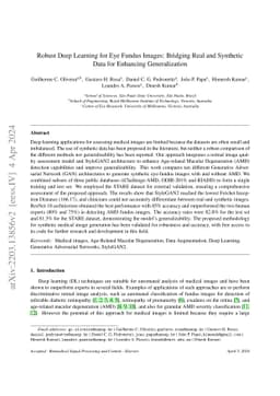 Robust deep learning for eye fundus images: Bridging real and synthetic
  data for enhancing generalization