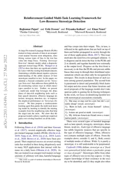 Reinforcement Guided Multi-Task Learning Framework for Low-Resource
  Stereotype Detection