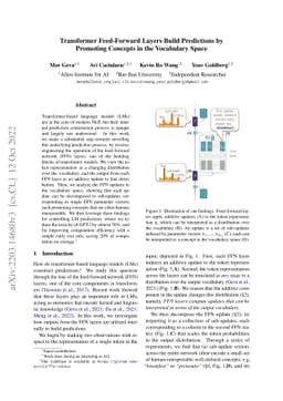 Transformer Feed-Forward Layers Build Predictions by Promoting Concepts
  in the Vocabulary Space