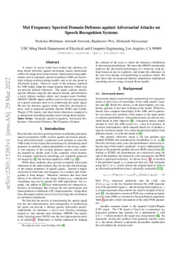 Mel Frequency Spectral Domain Defenses against Adversarial Attacks on
  Speech Recognition Systems