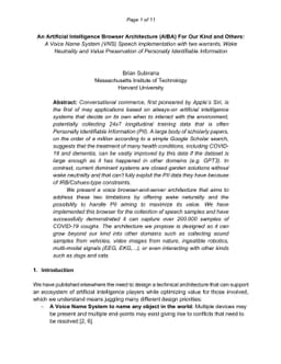An Artificial Intelligence Browser Architecture (AIBA) For Our Kind and
  Others: A Voice Name System Speech implementation with two warrants, Wake
  Neutrality and Value Preservation of Personally Identifiable Information