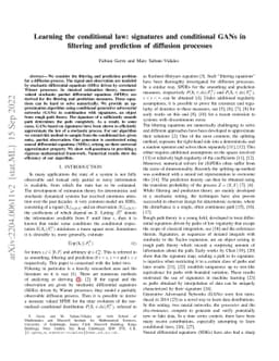 Learning the conditional law: signatures and conditional GANs in
  filtering and prediction of diffusion processes