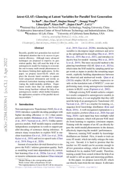 $\textit{latent}$-GLAT: Glancing at Latent Variables for Parallel Text
  Generation
