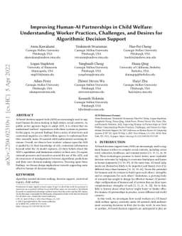 Improving Human-AI Partnerships in Child Welfare: Understanding Worker
  Practices, Challenges, and Desires for Algorithmic Decision Support