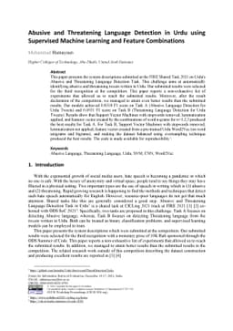Abusive and Threatening Language Detection in Urdu using Supervised
  Machine Learning and Feature Combinations