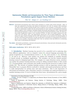 Optimization Models and Interpretations for Three Types of Adversarial
  Perturbations against Support Vector Machines