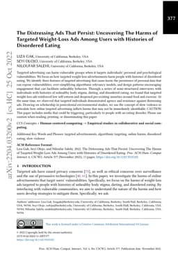 The Distressing Ads That Persist: Uncovering The Harms of Targeted
  Weight-Loss Ads Among Users with Histories of Disordered Eating