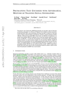 Pretraining Text Encoders with Adversarial Mixture of Training Signal
  Generators