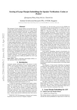 Scoring of Large-Margin Embeddings for Speaker Verification: Cosine or
  PLDA?