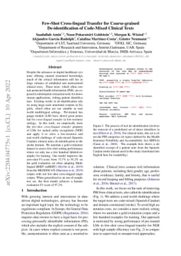 Few-Shot Cross-lingual Transfer for Coarse-grained De-identification of
  Code-Mixed Clinical Texts