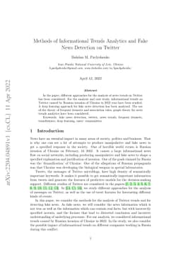 Methods of Informational Trends Analytics and Fake News Detection on
  Twitter