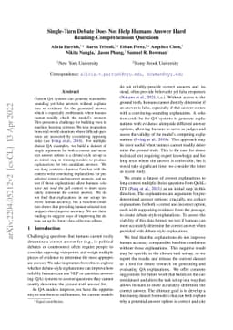 Single-Turn Debate Does Not Help Humans Answer Hard
  Reading-Comprehension Questions