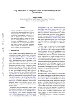 Easy Adaptation to Mitigate Gender Bias in Multilingual Text
  Classification