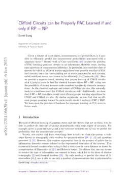 Clifford Circuits can be Properly PAC Learned if and only if
  $\textsf{RP}=\textsf{NP}$