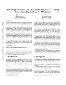 Selecting Continuous Life-Like Cellular Automata for Halting
  Unpredictability: Evolving for Abiogenesis