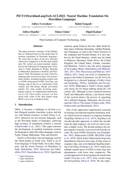 PICT@DravidianLangTech-ACL2022: Neural Machine Translation On Dravidian
  Languages