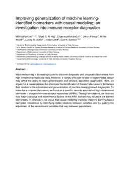 Improving generalization of machine learning-identified biomarkers with
  causal modeling: an investigation into immune receptor diagnostics