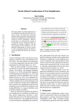 On the Ethical Considerations of Text Simplification