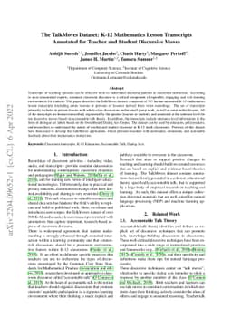 The TalkMoves Dataset: K-12 Mathematics Lesson Transcripts Annotated for
  Teacher and Student Discursive Moves