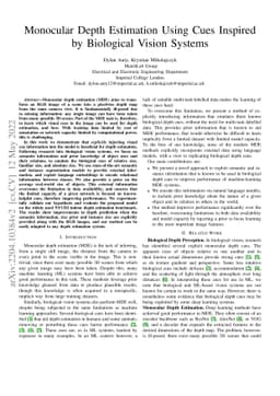 Monocular Depth Estimation Using Cues Inspired by Biological Vision
  Systems