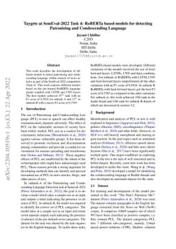 Taygete at SemEval-2022 Task 4: RoBERTa based models for detecting
  Patronising and Condescending Language