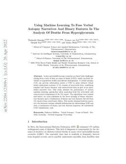 Using Machine Learning to Fuse Verbal Autopsy Narratives and Binary
  Features in the Analysis of Deaths from Hyperglycaemia