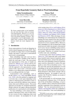 From Hyperbolic Geometry Back to Word Embeddings