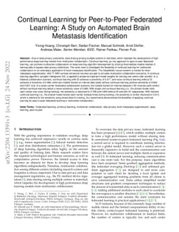 Continual Learning for Peer-to-Peer Federated Learning: A Study on
  Automated Brain Metastasis Identification