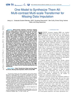One Model to Synthesize Them All: Multi-contrast Multi-scale Transformer
  for Missing Data Imputation