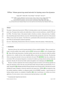 VPNets: Volume-preserving neural networks for learning source-free
  dynamics