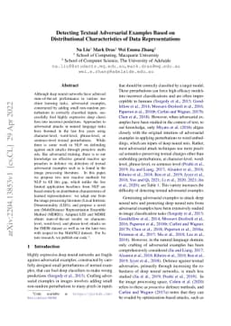 Detecting Textual Adversarial Examples Based on Distributional
  Characteristics of Data Representations
