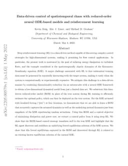 Data-driven control of spatiotemporal chaos with reduced-order neural
  ODE-based models and reinforcement learning
