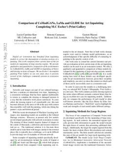 Comparison of CoModGANs, LaMa and GLIDE for Art Inpainting- Completing
  M.C Escher's Print Gallery