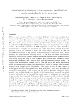 Neural operator learning of heterogeneous mechanobiological insults
  contributing to aortic aneurysms