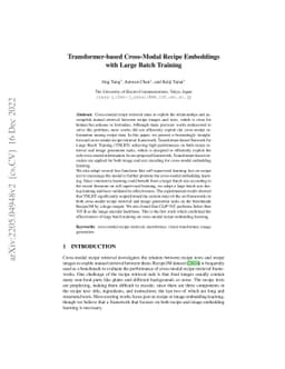 Transformer-based Cross-Modal Recipe Embeddings with Large Batch
  Training