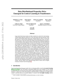 Data Distributional Properties Drive Emergent In-Context Learning in
  Transformers